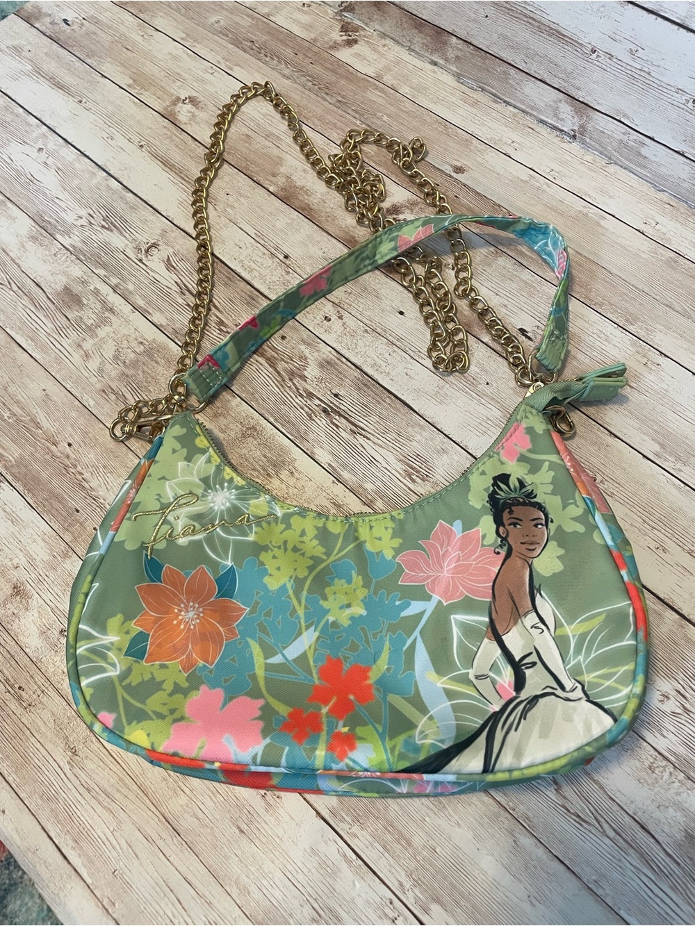Disney Tiana floral Green Crossbody/Shoulder Bag with Gold Chain Strap